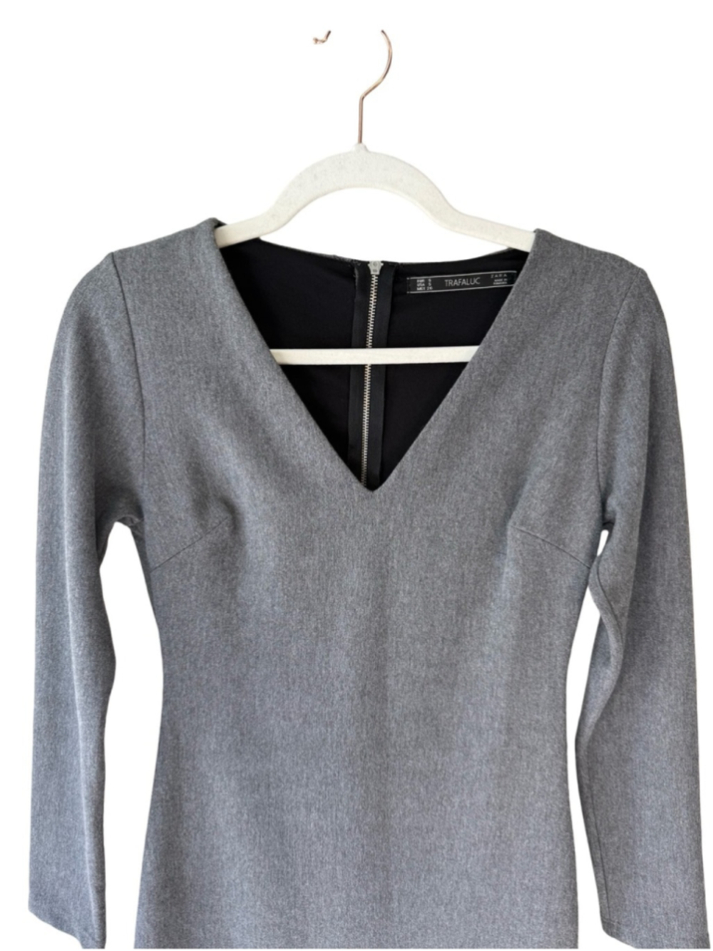 Zara Gray Long Sleeve V-Neck Mini Bodycon Dress Size S Y2K Cocktail Party - Picture 11 of 14